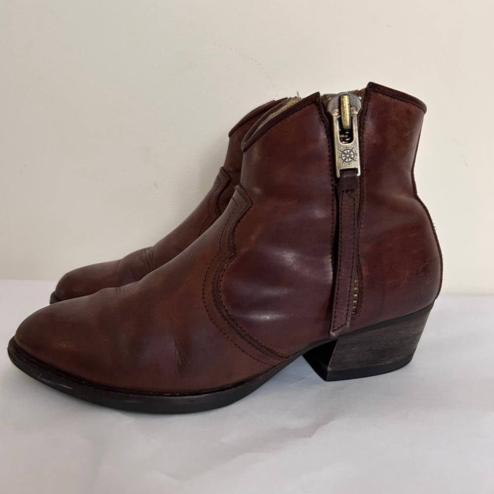 BUSSOLA Brown Leather Ankle Boots Western‎ Style Side Zip Block Heel 38